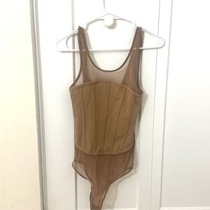 Timing Tan One Piece Bodysuit Top with Corset Detailing